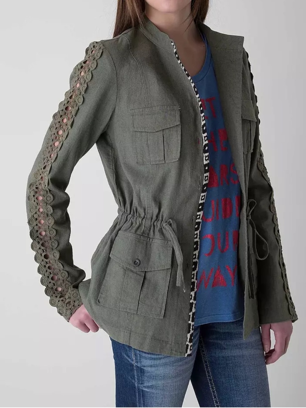 Buckle Brand Olive Green Linen Blend Army Style Jacket